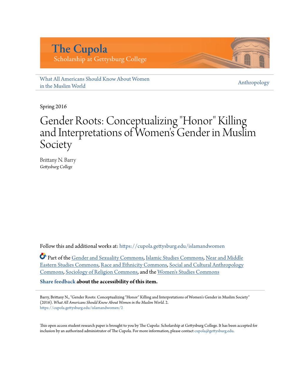 "Honor" Killing and Interpretations of Women's Gender in Muslim Society Brittany N