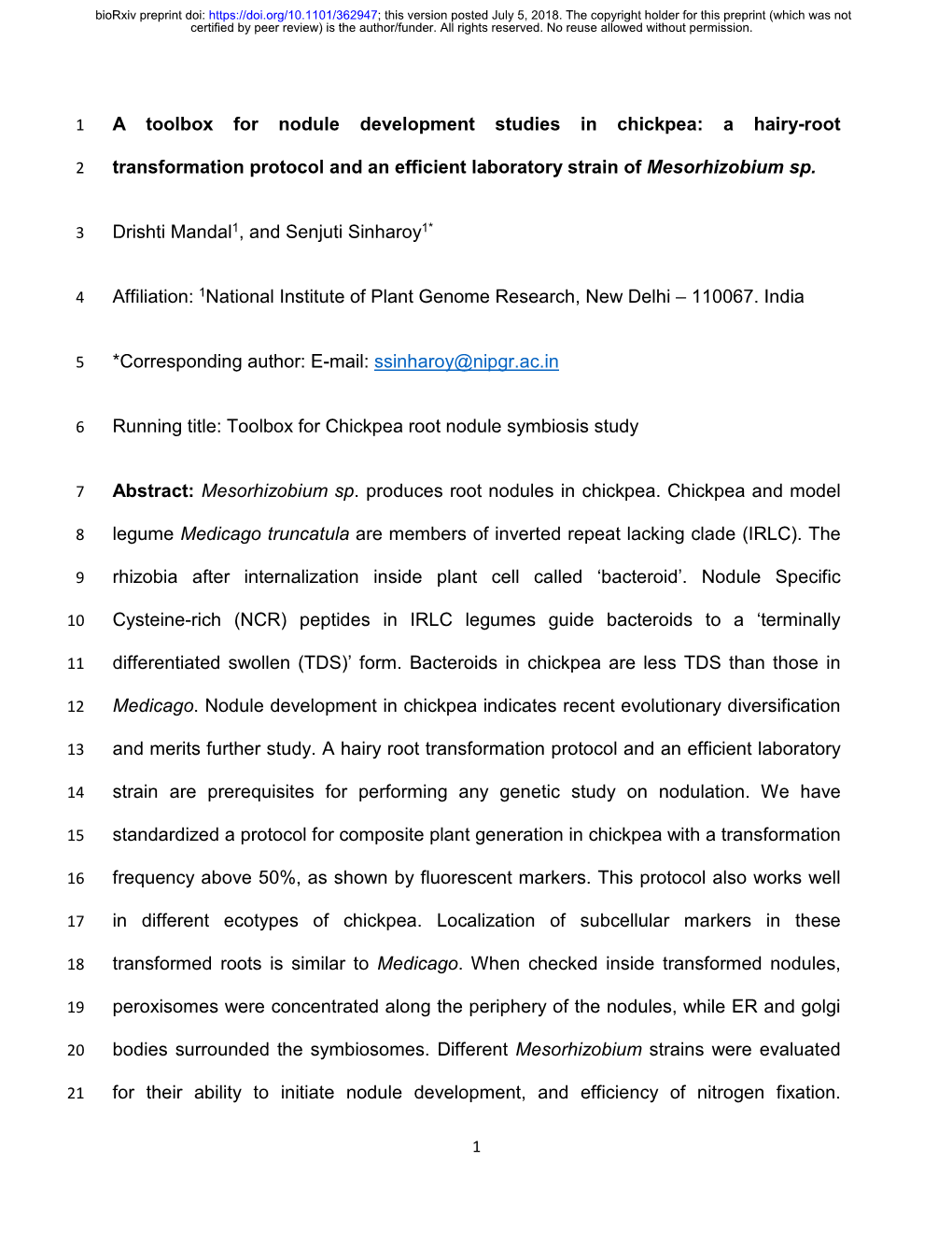 A Toolbox for Nodule Development Studies in Chickpea: a Hairy-Root Transformation Protocol and an Efficient Laboratory Strain Of