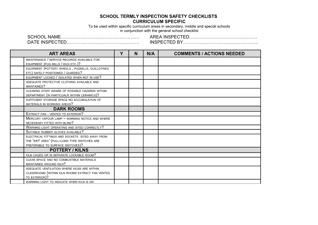 School Termly Inspection Safety Checklists - Curriculum