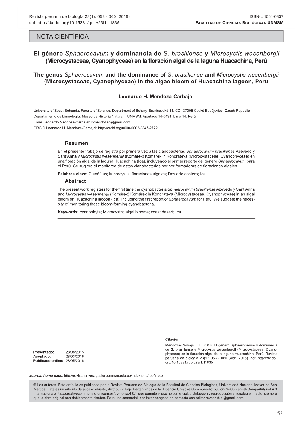 El Género Sphaerocavum Y Dominancia De S. Brasiliense Y Microcystis Wesenbergii (Microcystaceae, Cyanophyceae) En La Floración Algal De La Laguna Huacachina, Perú