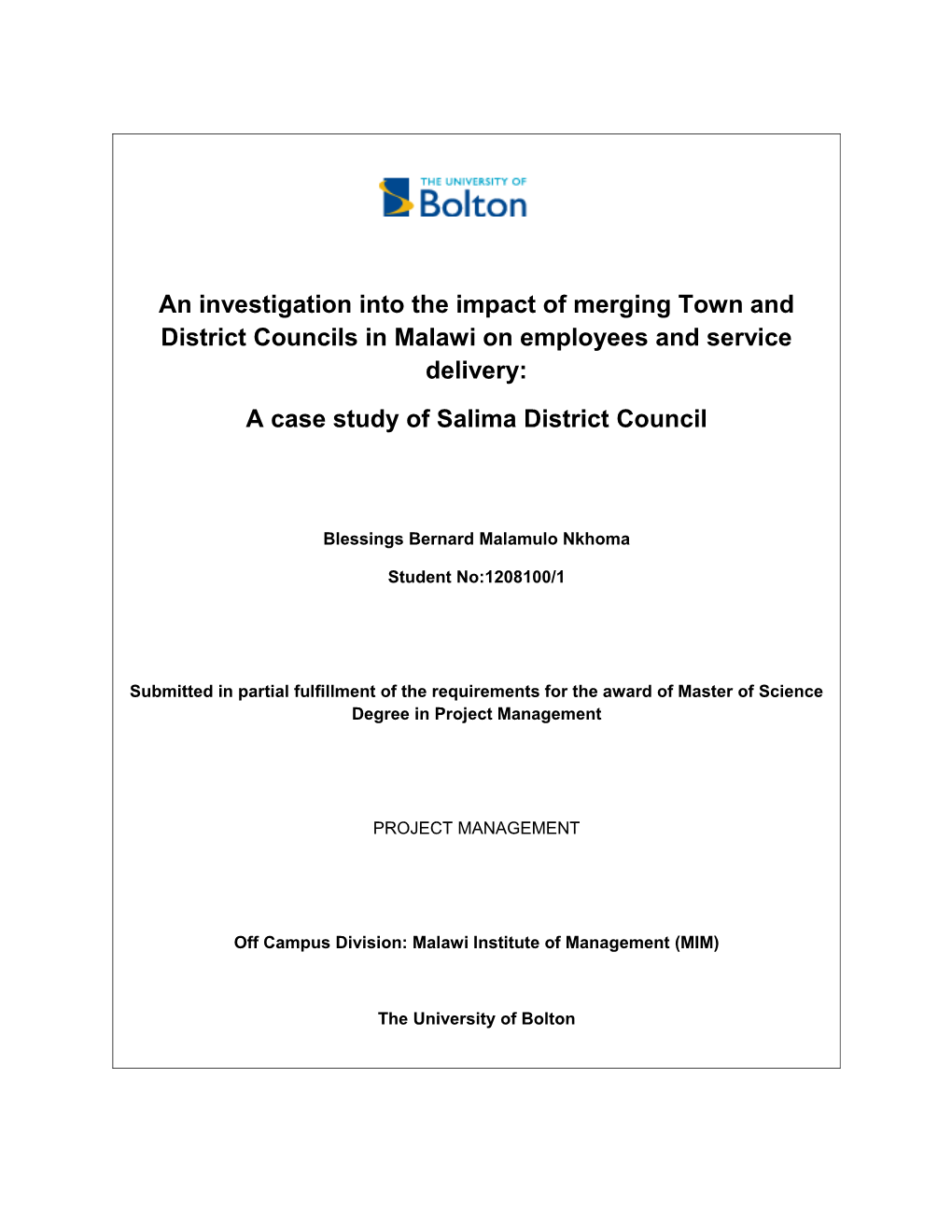 An Investigation Into the Impact of Merging Town and District Councils in Malawi on Employees