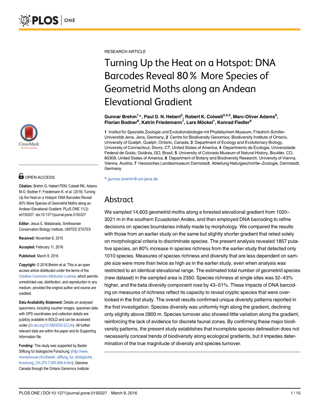 DNA Barcodes Reveal 80% More Species of Geometrid Moths Along an Andean Elevational Gradient