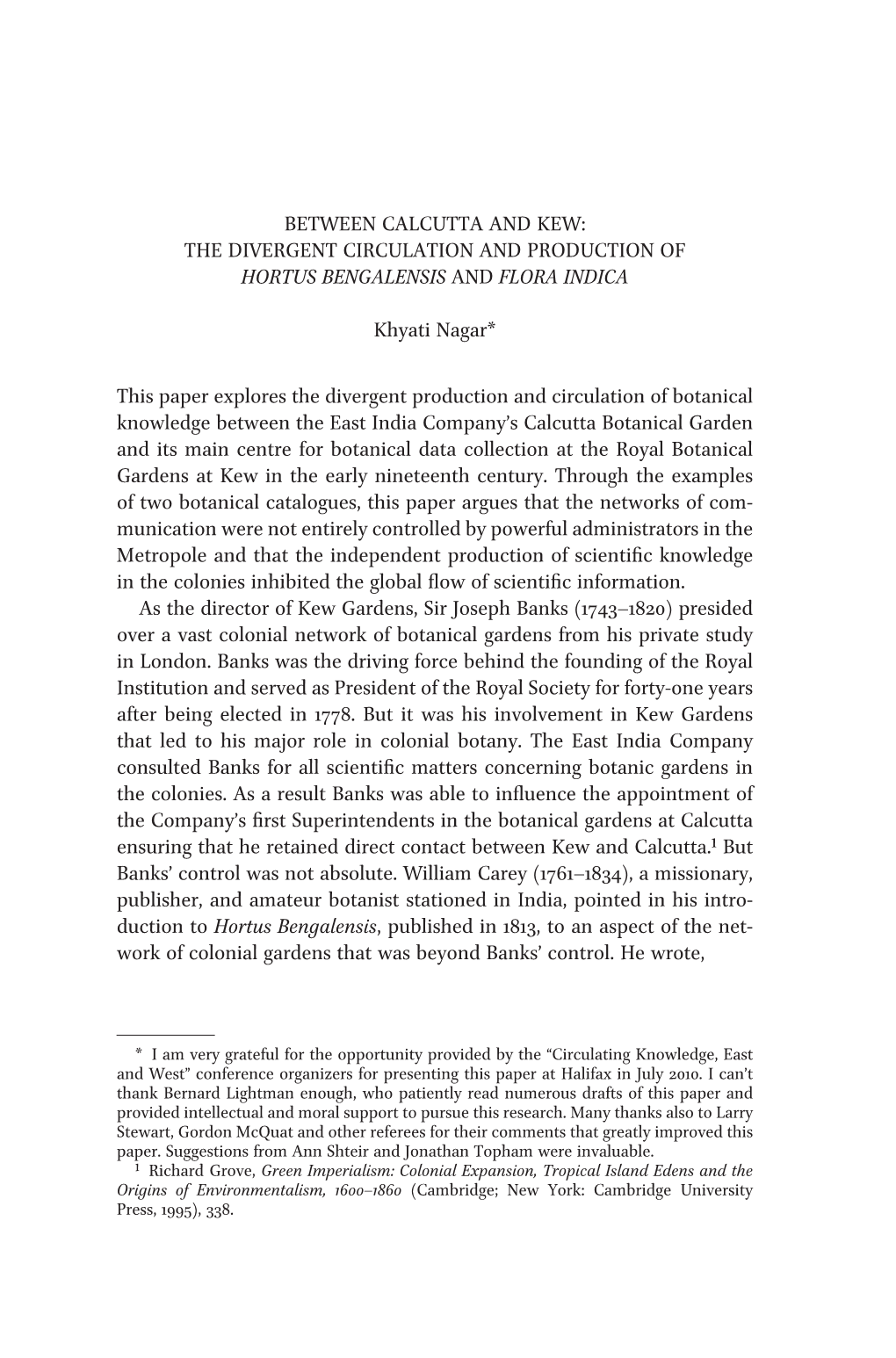 Between Calcutta and Kew: the Divergent Circulation and Production of Hortus Bengalensis and Flora Indica