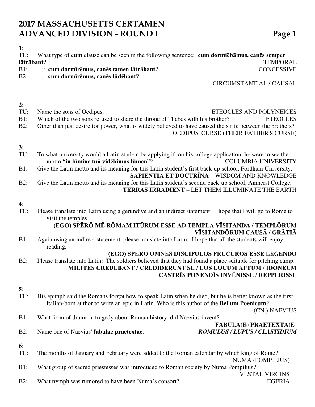 2017 MASSACHUSETTS CERTAMEN ADVANCED DIVISION - ROUND I Page 1