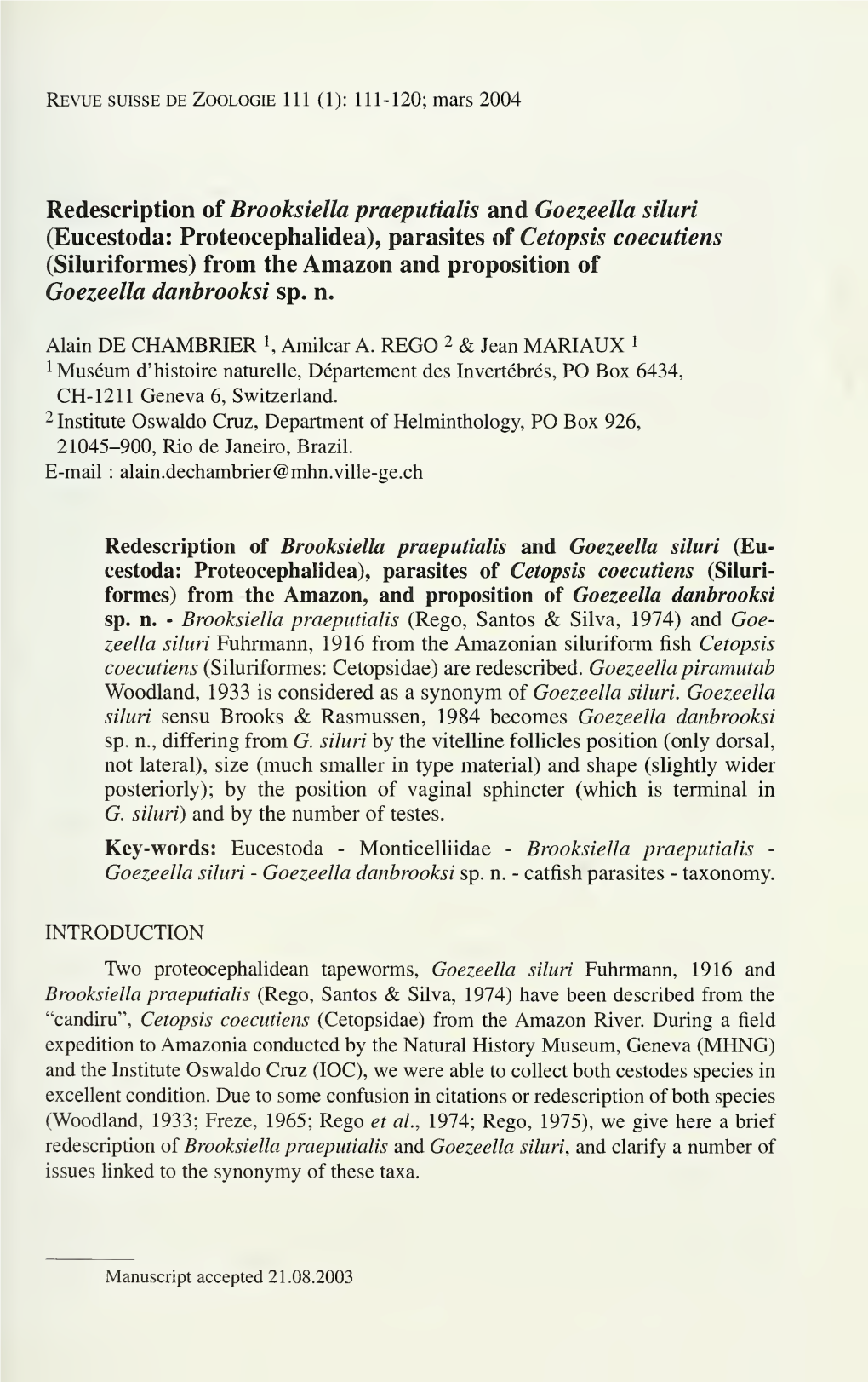 Revue Suisse De Zoologie 111 (1): 111-120; Mars 2004