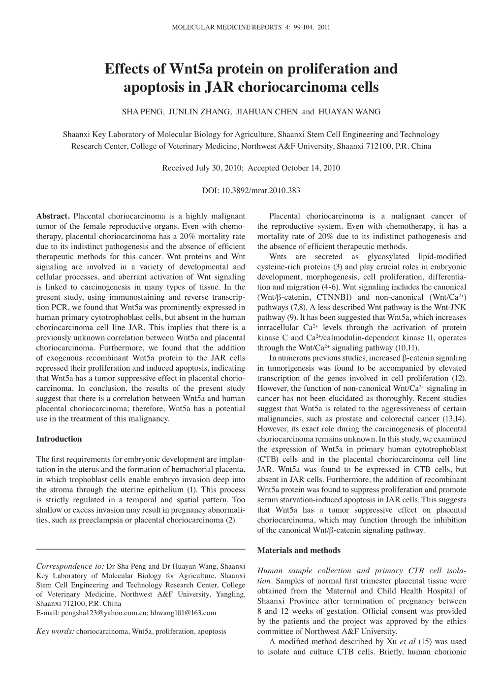 Effects of Wnt5a Protein on Proliferation and Apoptosis in JAR Choriocarcinoma Cells