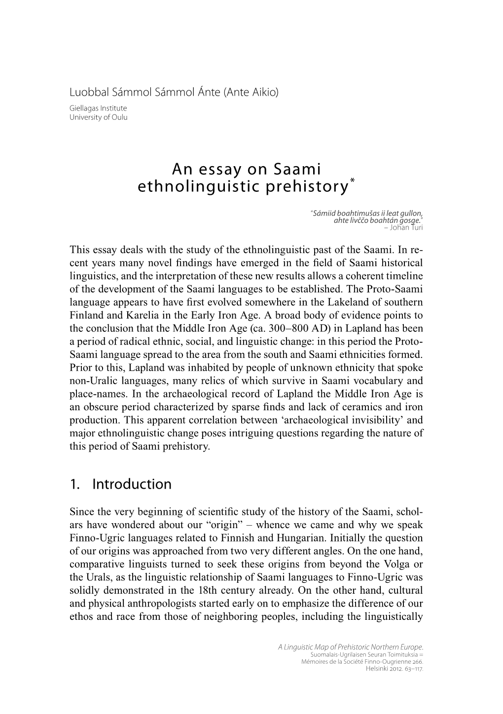 An Essay on Saami Ethnolinguistic Prehistory*