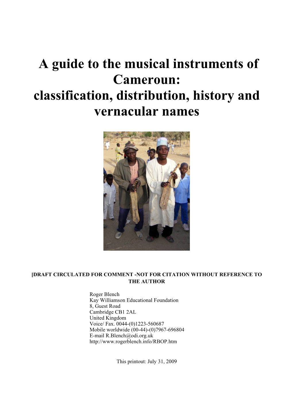 A Guide to the Musical Instruments of Cameroun: Classification, Distribution, History and Vernacular Names