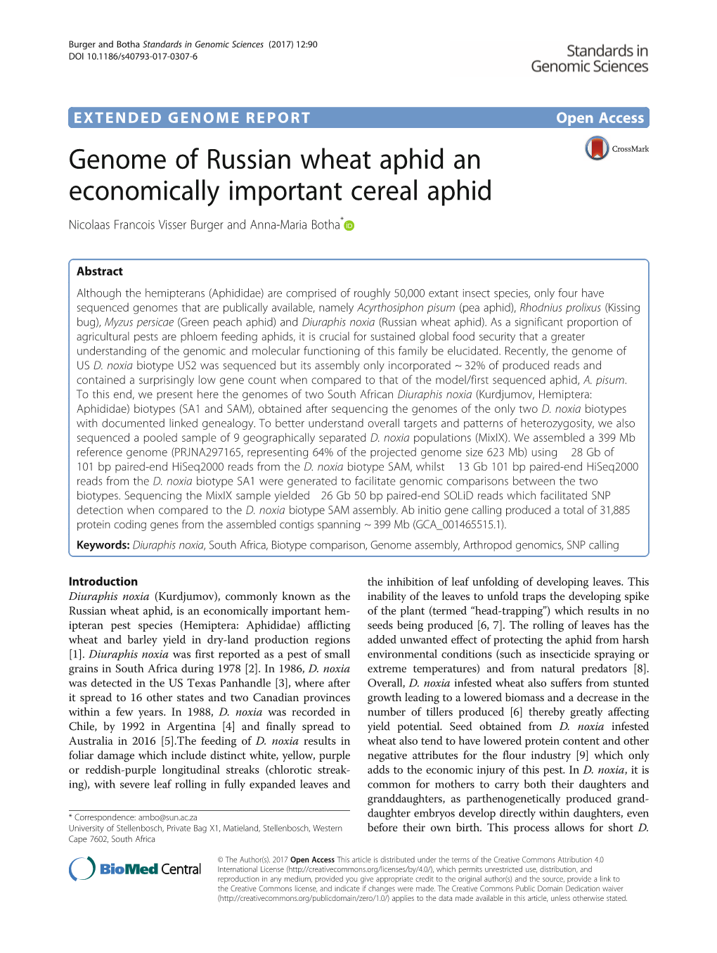 Genome of Russian Wheat Aphid an Economically Important Cereal Aphid Nicolaas Francois Visser Burger and Anna-Maria Botha*