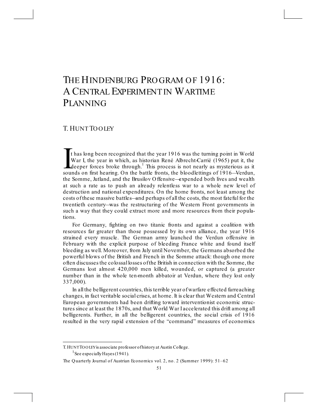 The Hindenburg Program of 1916: a Central Experiment in Wartime Planning