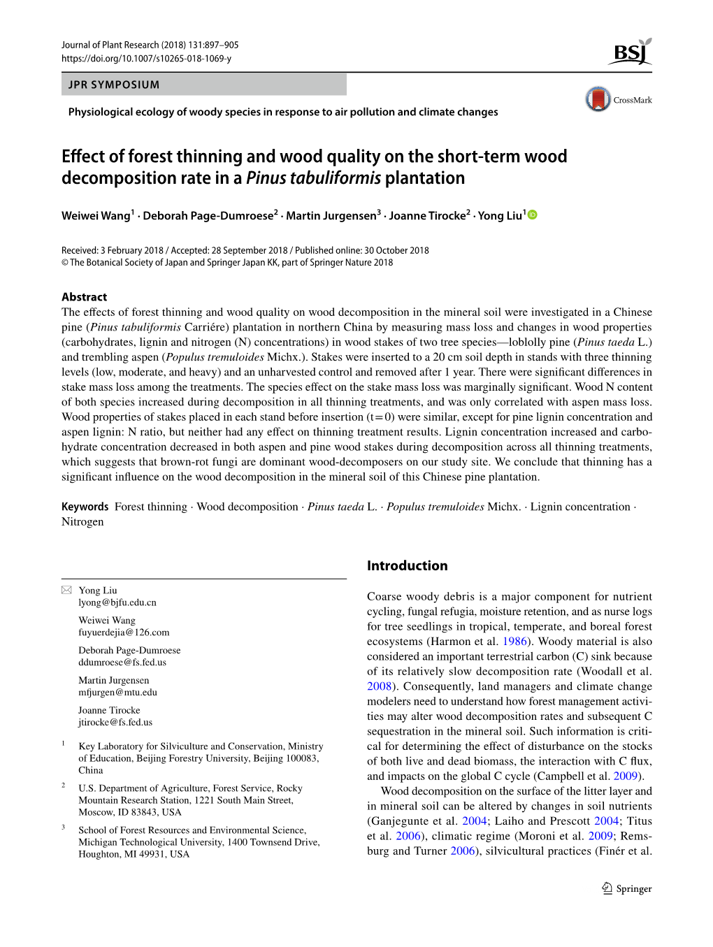 Effect of Forest Thinning and Wood Quality on the Short-Term Wood Decomposition Rate in a Pinus Tabuliformis Plantation