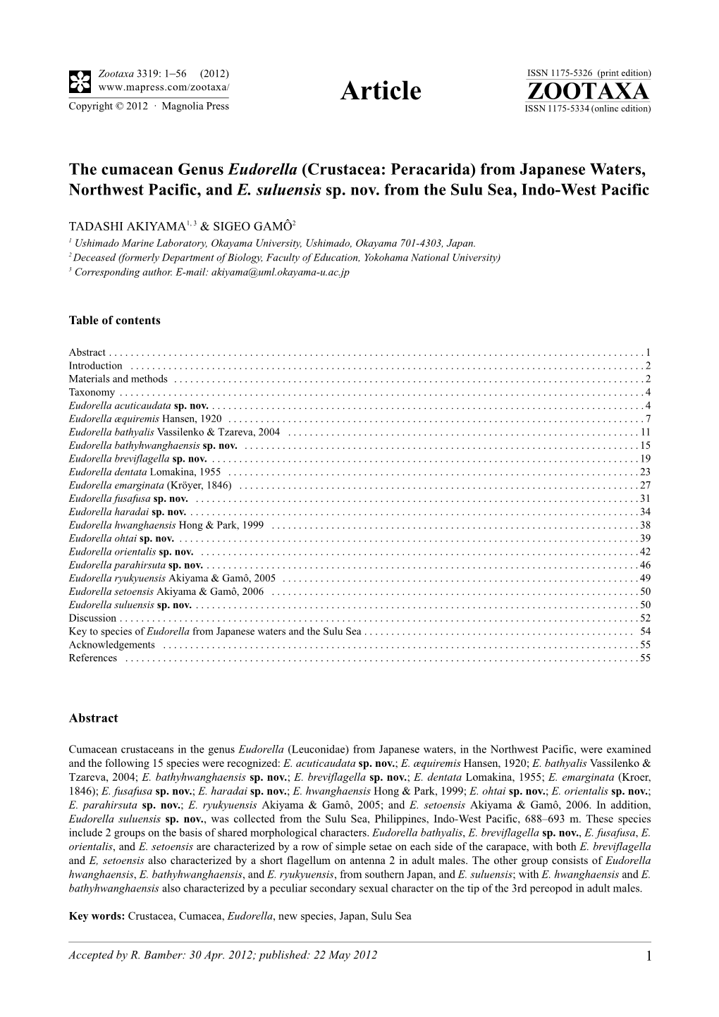 The Cumacean Genus Eudorella (Crustacea: Peracarida) from Japanese Waters, Northwest Pacific, and E