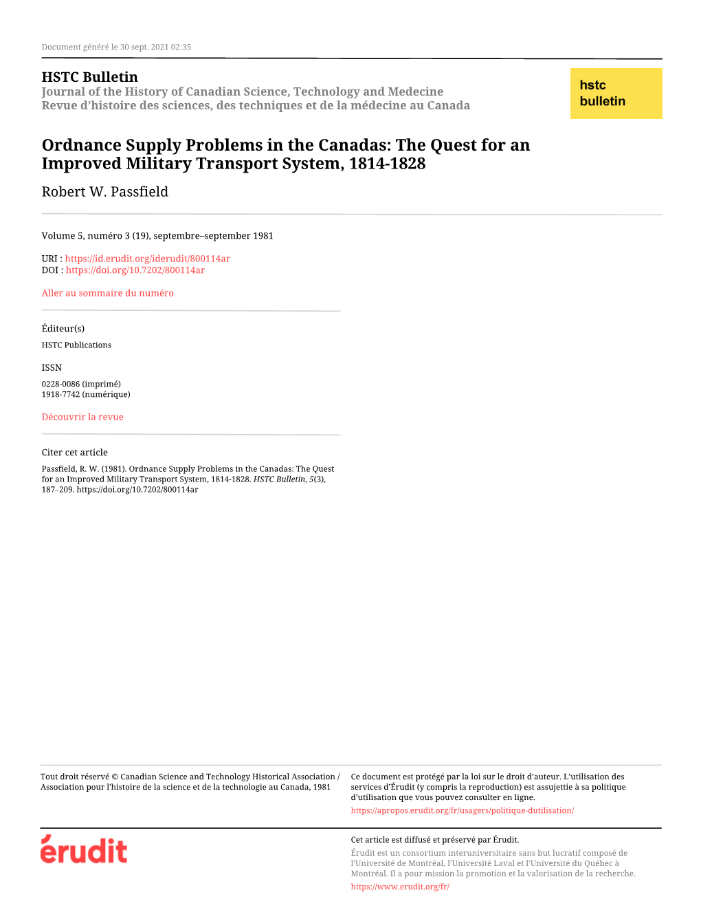 Ordnance Supply Problems in the Canadas: the Quest for an Improved Military Transport System, 1814-1828 Robert W