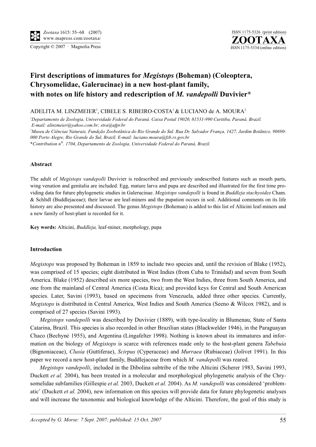 Zootaxa,First Descriptions of Immatures for Megistops (Boheman