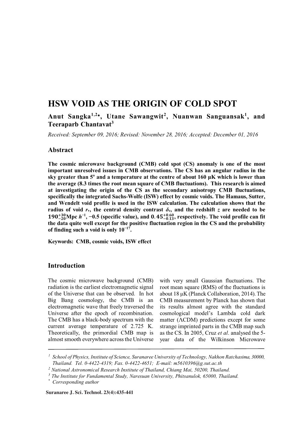 Hsw Void As the Origin of Cold Spot