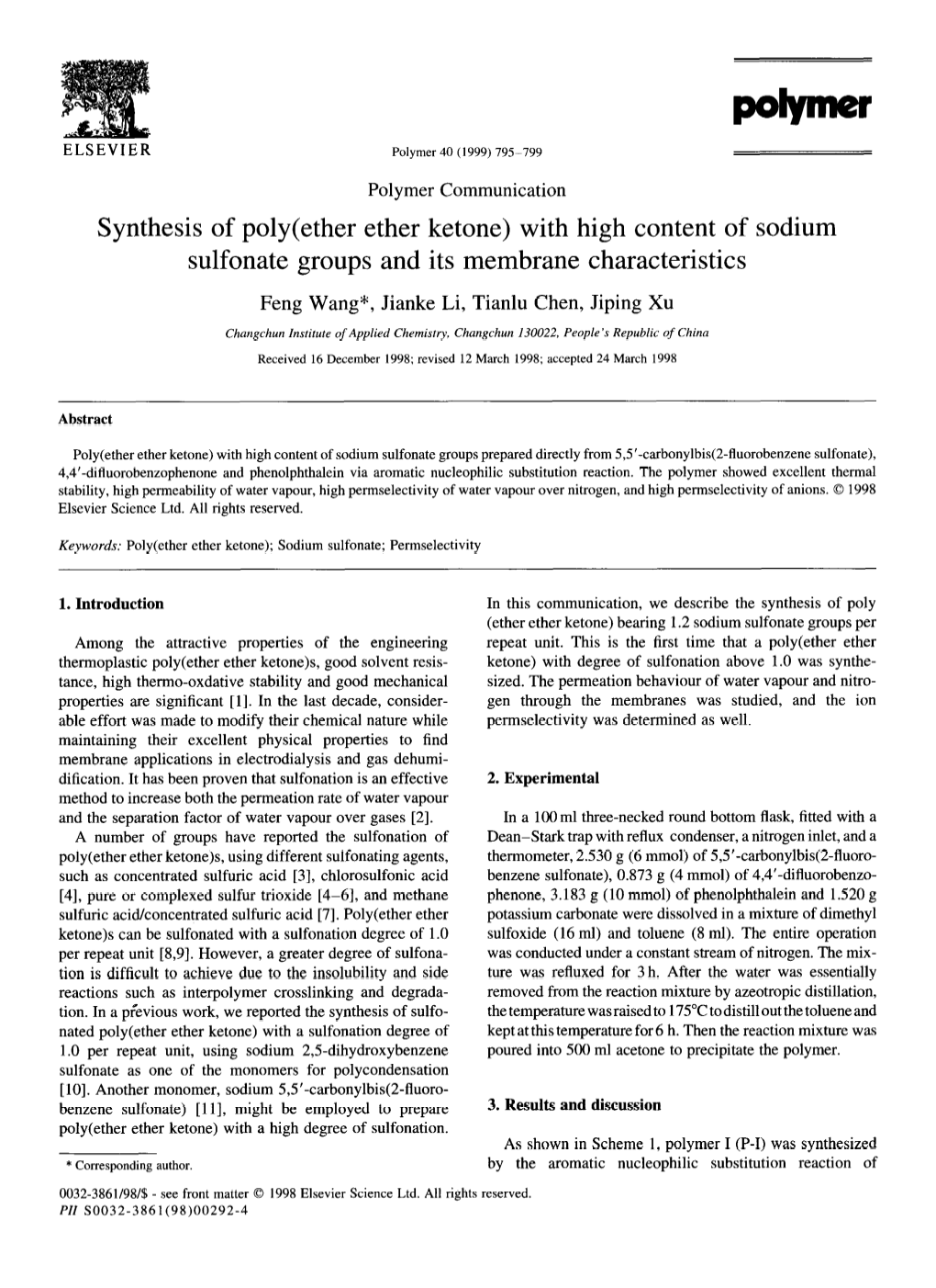 Synthesis of Poly(Ether Ether Ketone) with High Content of Sodium Sulfonate Groups and Its Membrane Characteristics