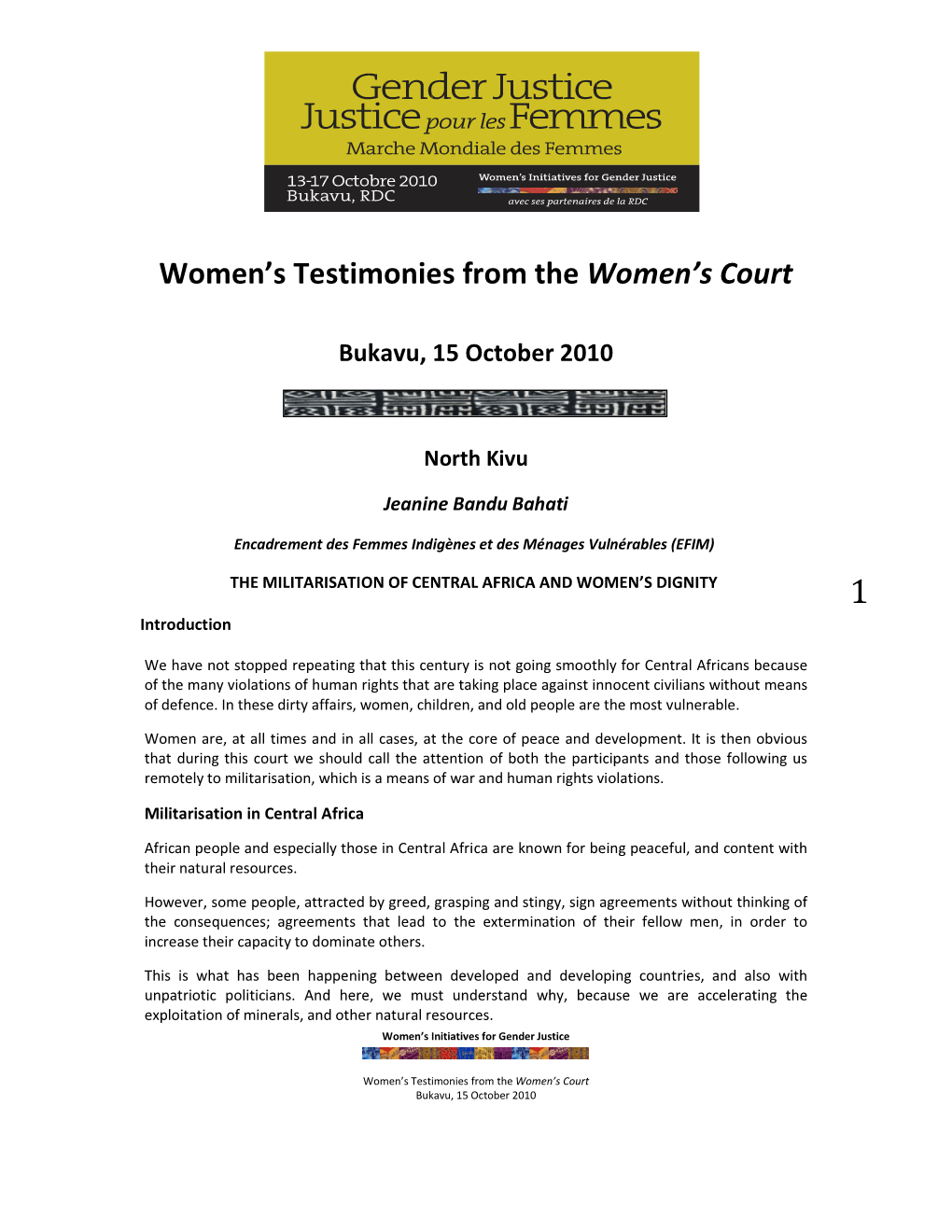 Women's Testimonies from the Women's Court
