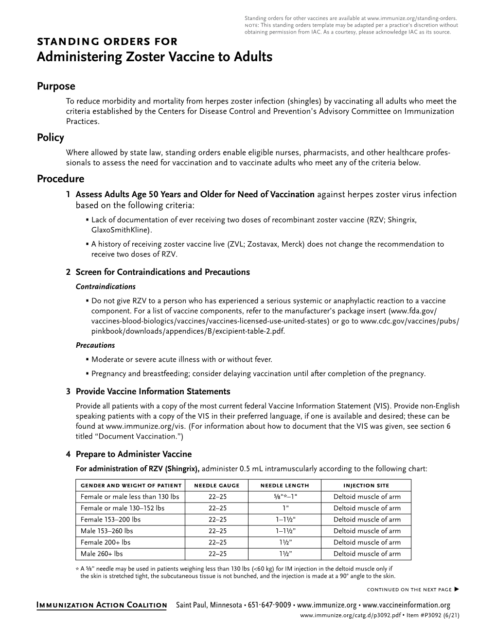 Standing Orders for Administering Zoster Vaccine to Adults