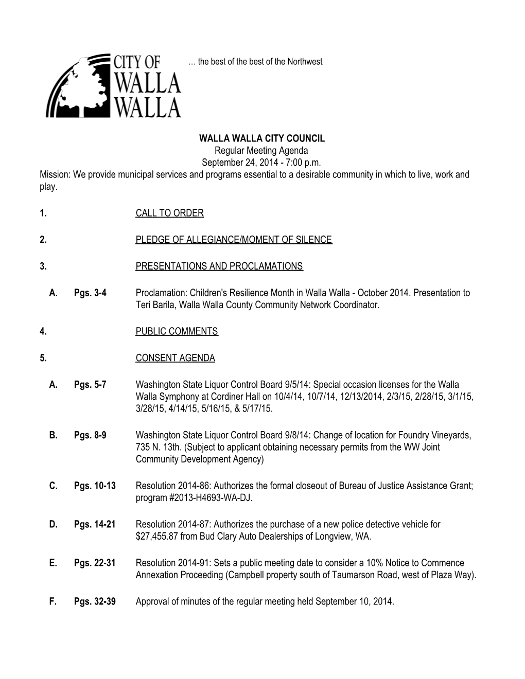 WALLA WALLA CITY COUNCIL Regular Meeting Agenda September 24, 2014 - 7:00 P.M