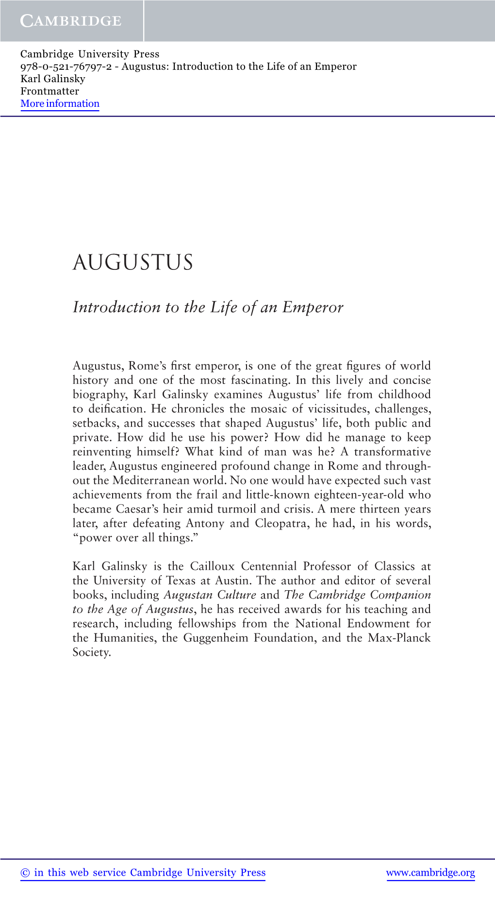 Augustus: Introduction to the Life of an Emperor Karl Galinsky Frontmatter More Information