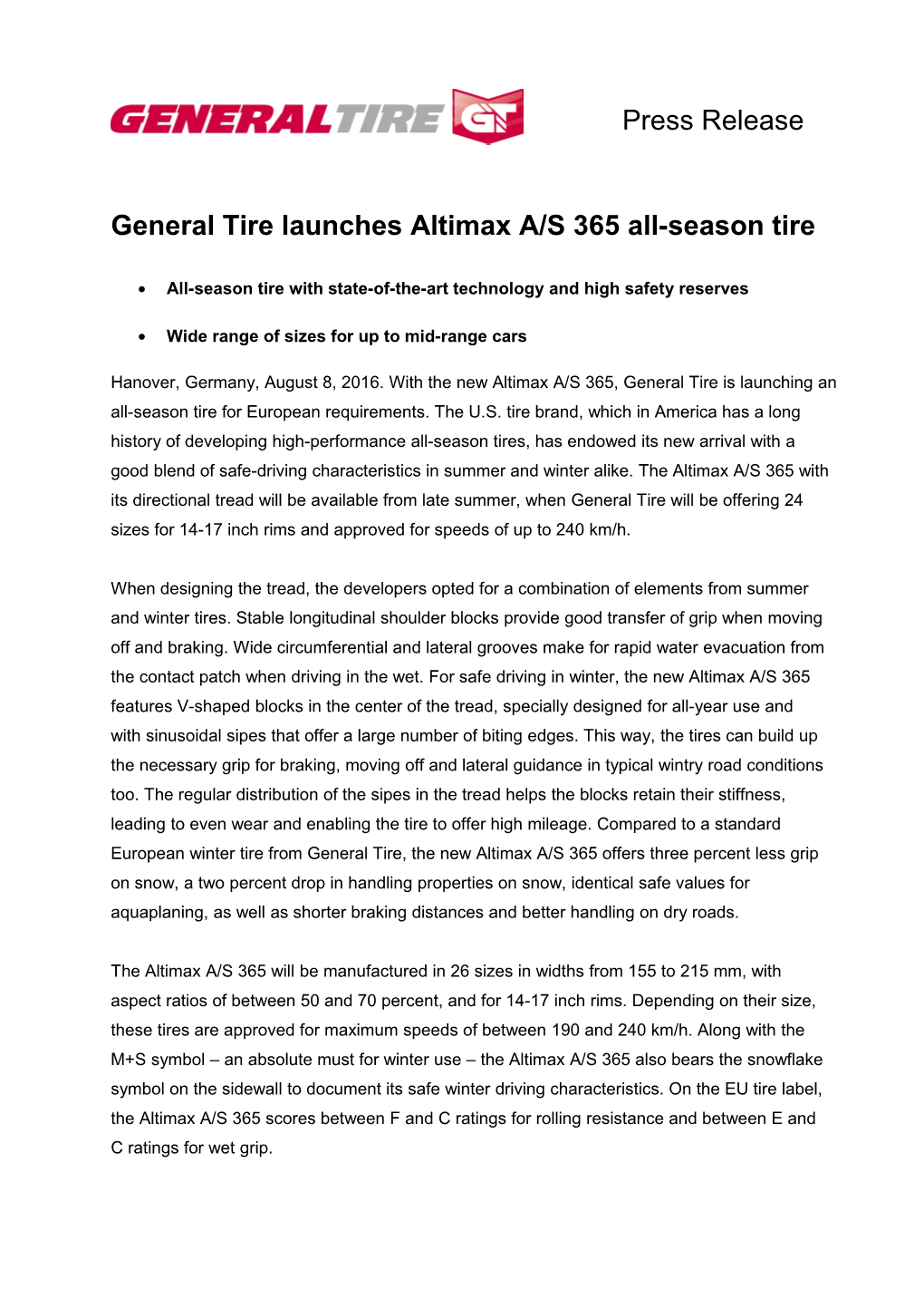 General Tire Launches Altimax A/S 365 All-Season Tire