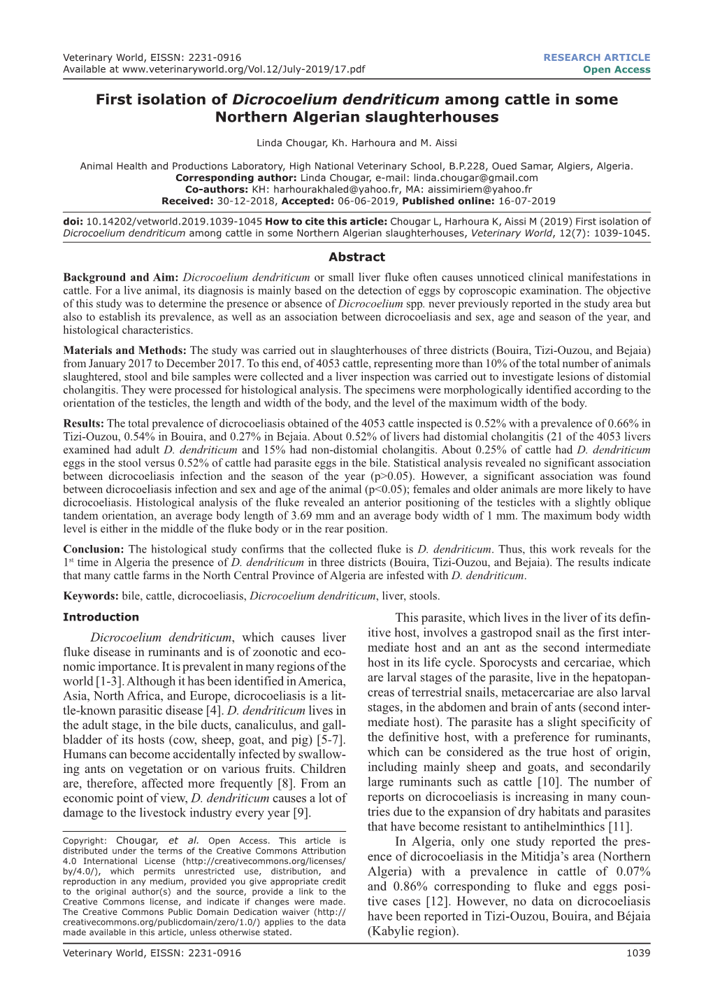 First Isolation of Dicrocoelium Dendriticum Among Cattle in Some Northern Algerian Slaughterhouses