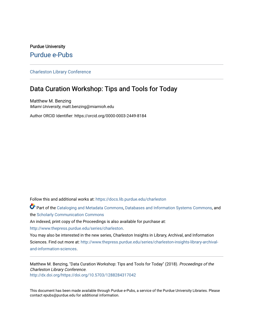 Data Curation Workshop: Tips and Tools for Today