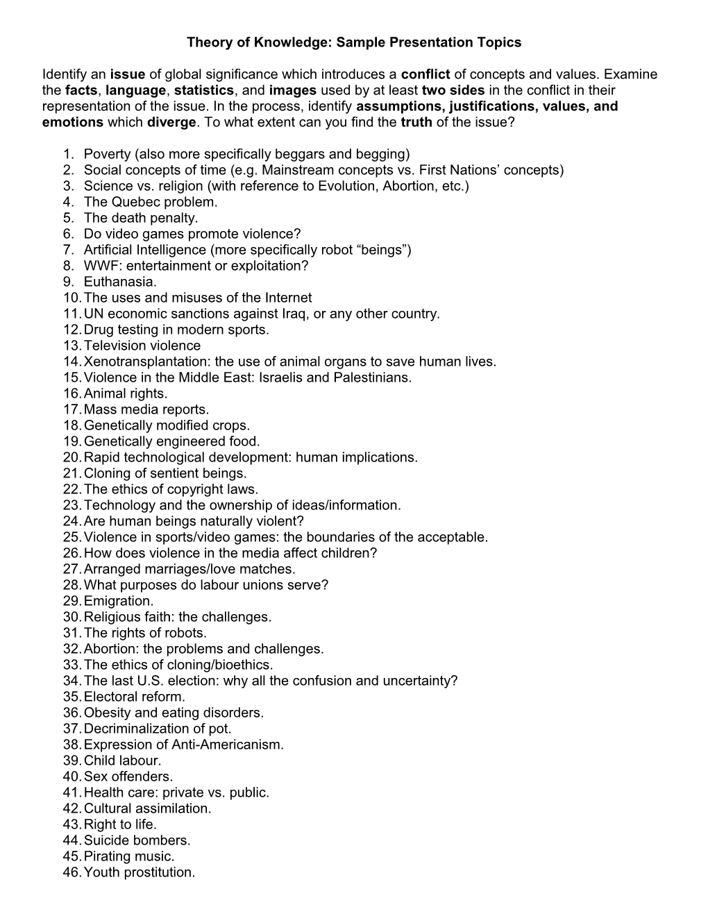 Theory of Knowledge: Sample Presentation Topics