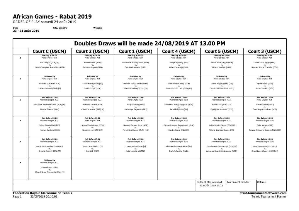 African Games - Rabat 2019 ORDER of PLAY Samedi 24 Août 2019