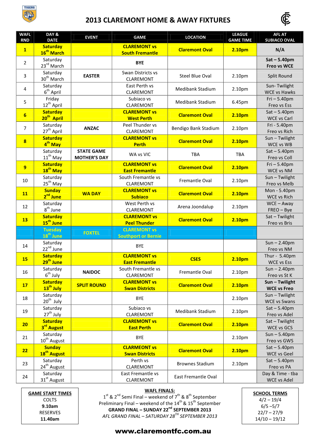 2013 Claremont Home & Away Fixtures