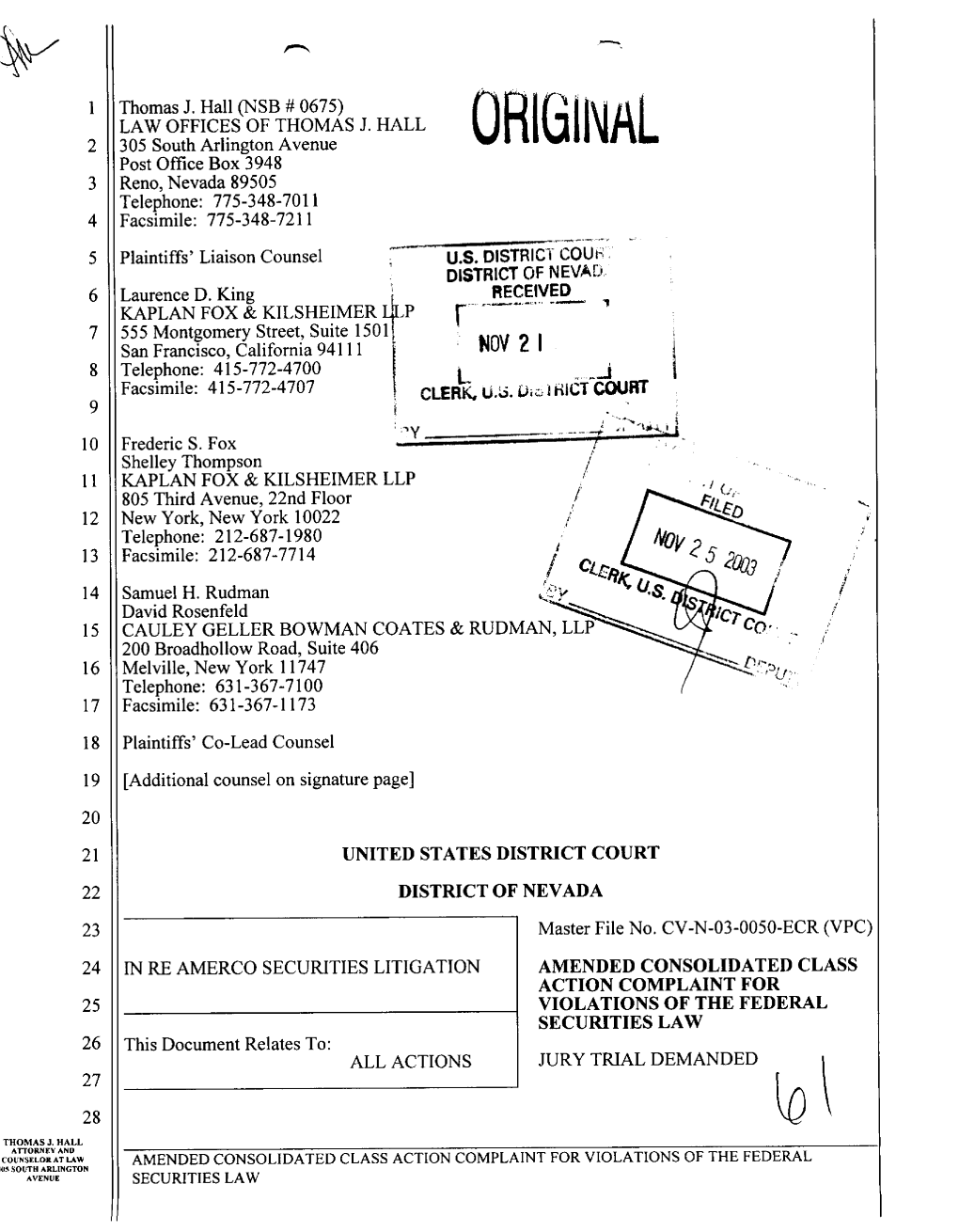 In Re: AMERCO, Inc. Securities Litigation 04-CV-02182-Amended