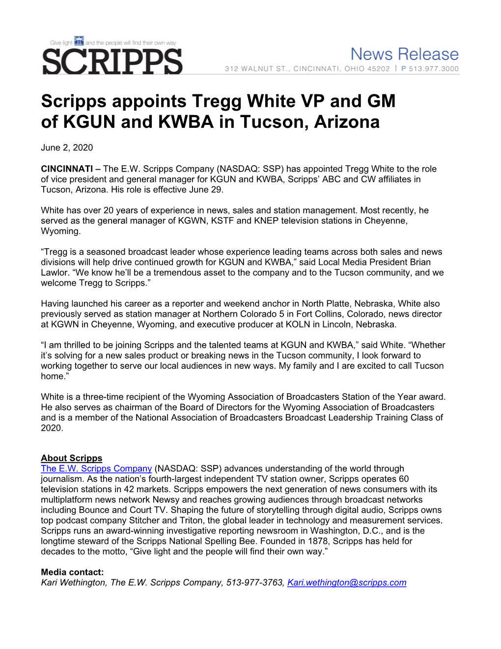 Scripps Appoints Tregg White VP and GM of KGUN and KWBA in Tucson, Arizona