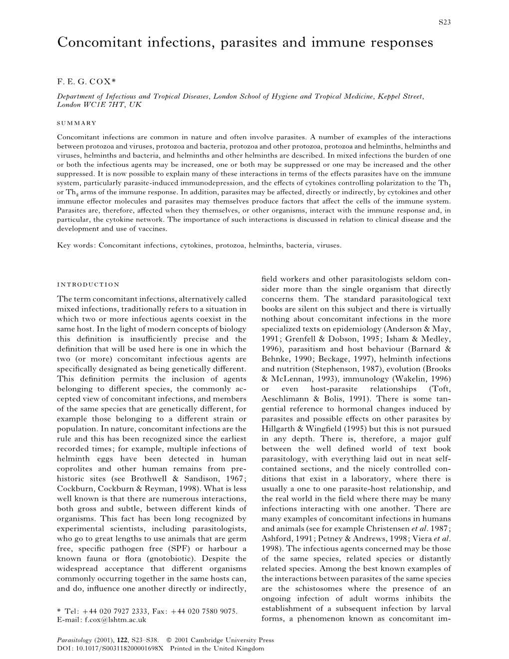 Concomitant Infections, Parasites and Immune Responses