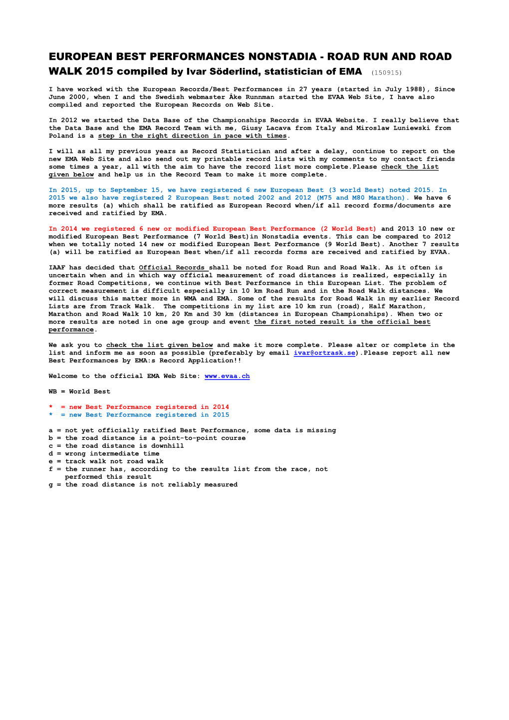 EUROPEAN BEST PERFORMANCES NONSTADIA - ROAD RUN and ROAD WALK 2015 Compiled by Ivar Söderlind, Statistician of EMA (150915)