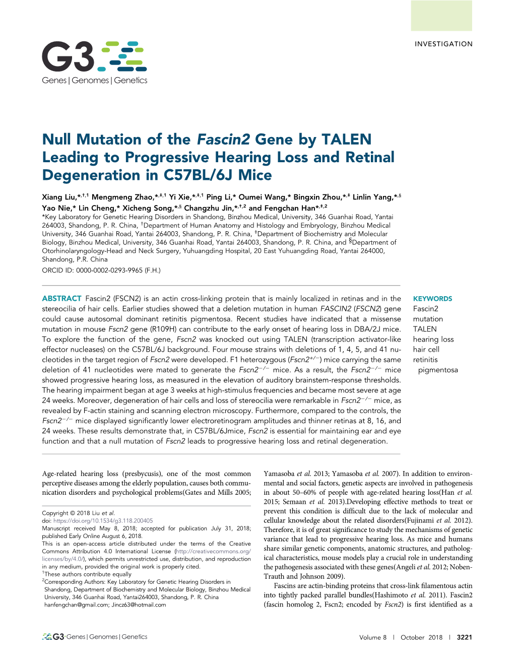 Null Mutation of the Fascin2 Gene by TALEN Leading to Progressive Hearing Loss and Retinal Degeneration in C57BL/6J Mice