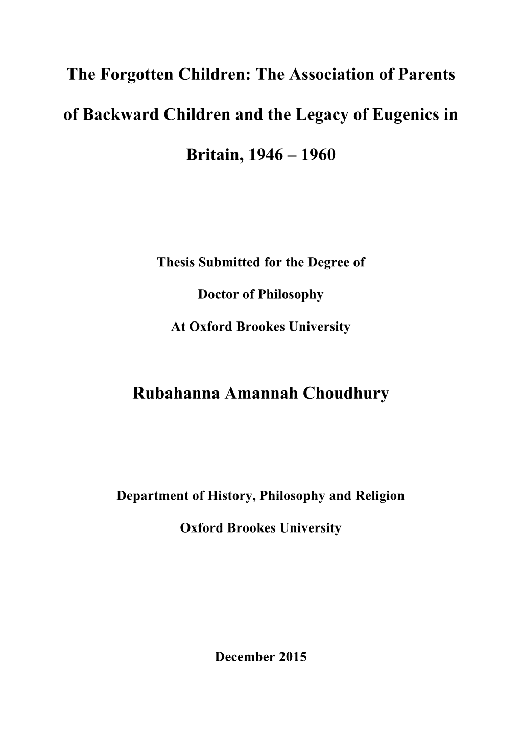 The Association of Parents of Backward Children and the Legacy of Eugenics In