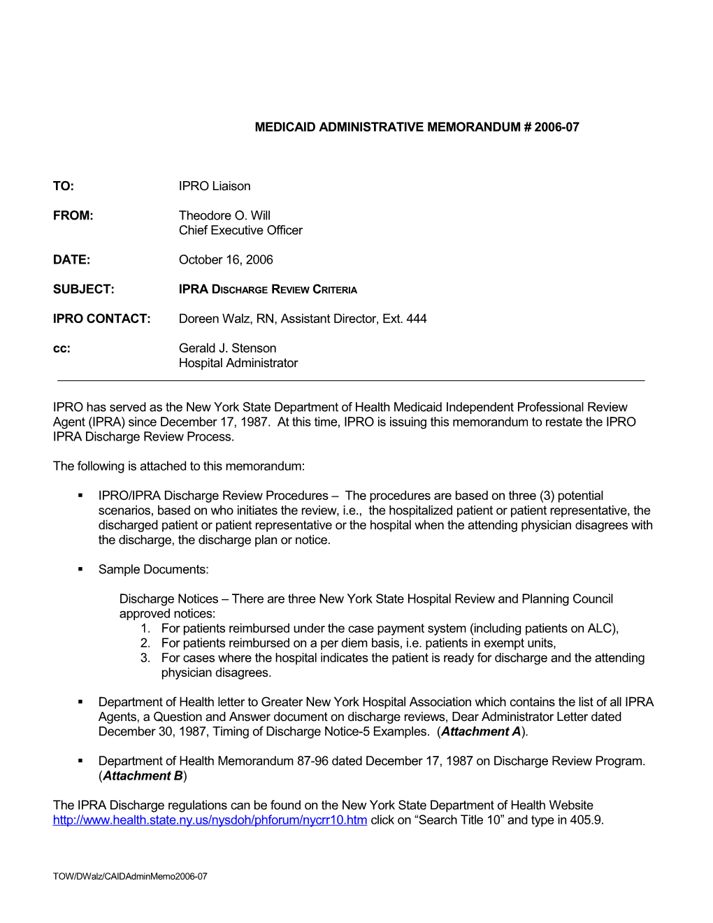 Medicaid Administrative Memorandum # 2006-07