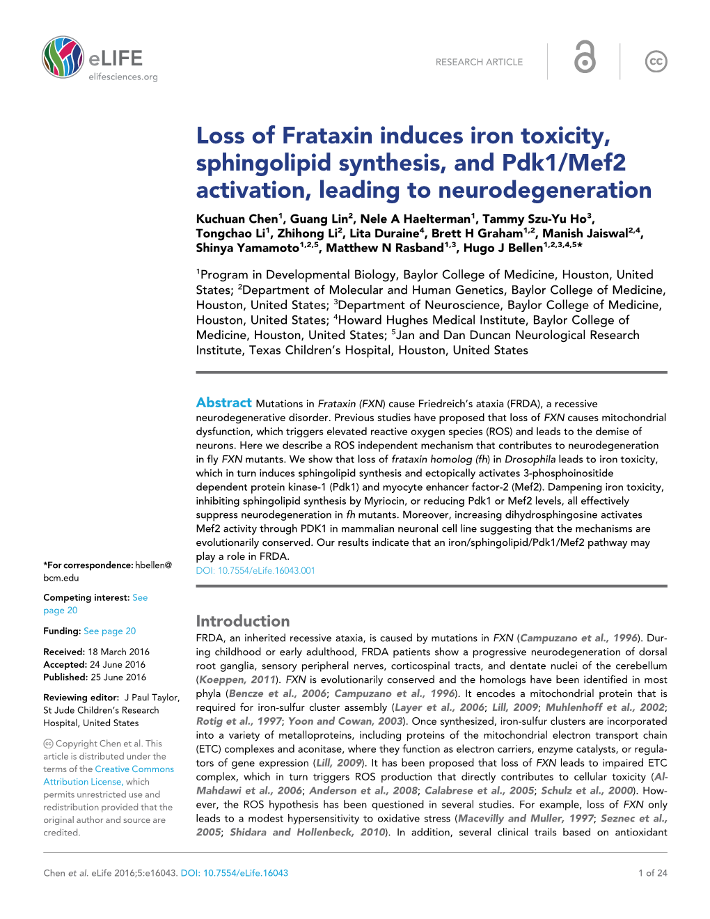 Loss of Frataxin Induces Iron Toxicity, Sphingolipid Synthesis, and Pdk1