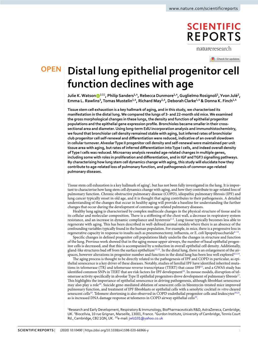 Distal Lung Epithelial Progenitor Cell Function Declines with Age Julie K