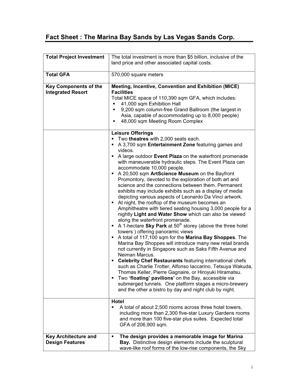 Fact Sheet : the Marina Bay Sands by Las Vegas Sands Corp