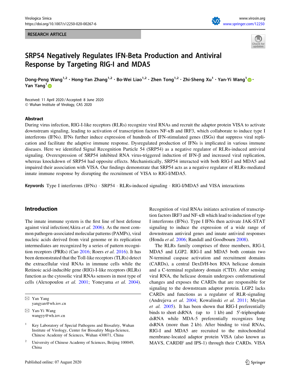 SRP54 Negatively Regulates IFN-Beta Production and Antiviral Response by Targeting RIG-I and MDA5
