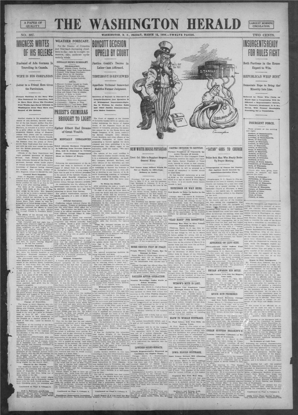 HERALD CIRCULATION I NO 887 WASHINGTON D C FRIDAY XAECE 1 1909TWELVE PAGES TWO CENTS