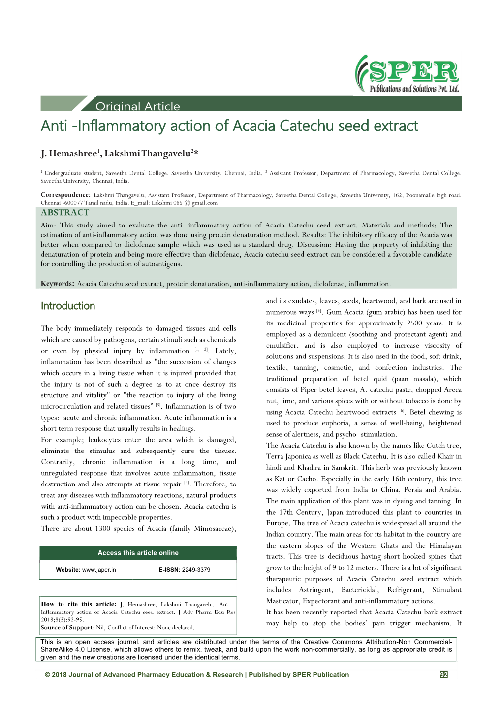 Anti -Inflammatory Action of Acacia Catechu Seed Extract