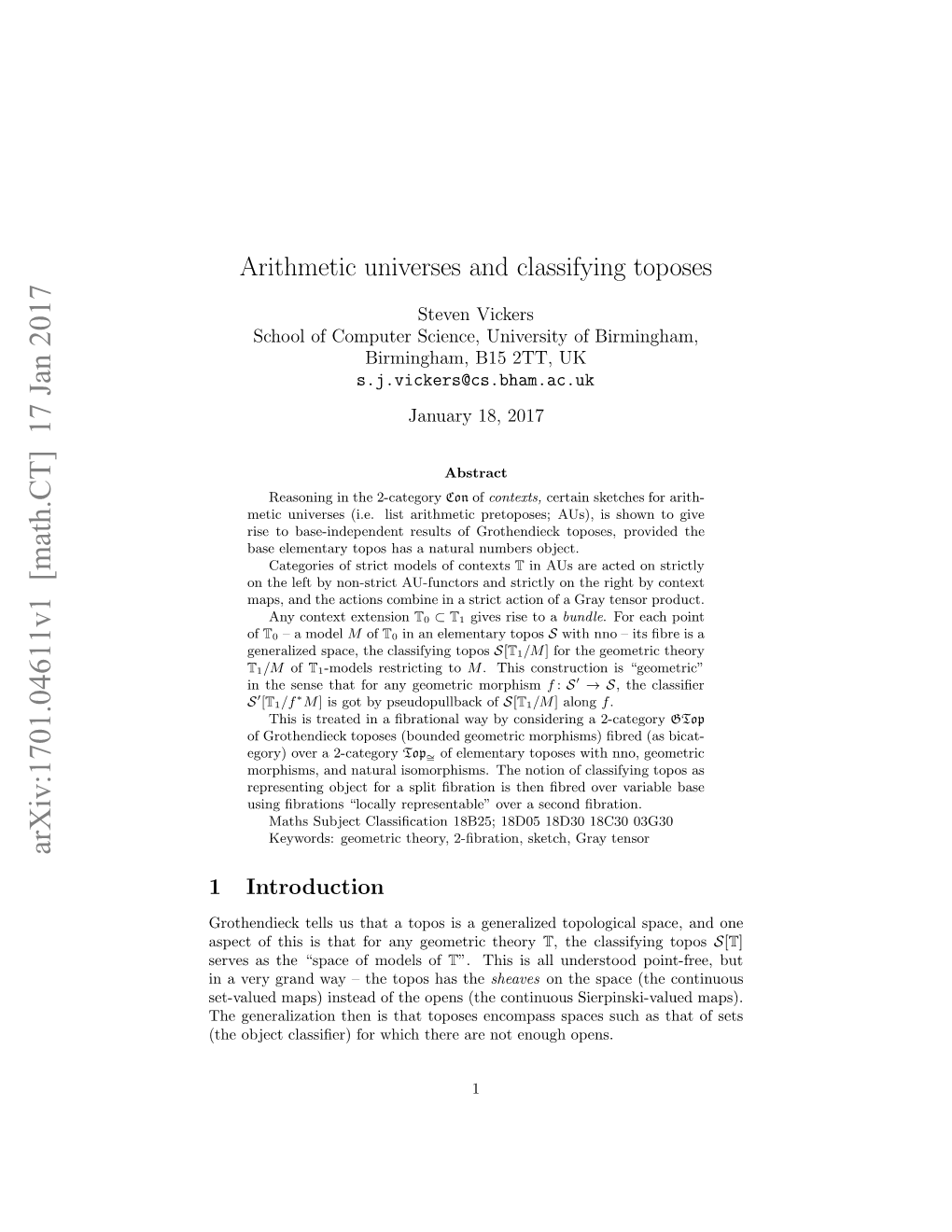 Arithmetic Universes and Classifying Toposes