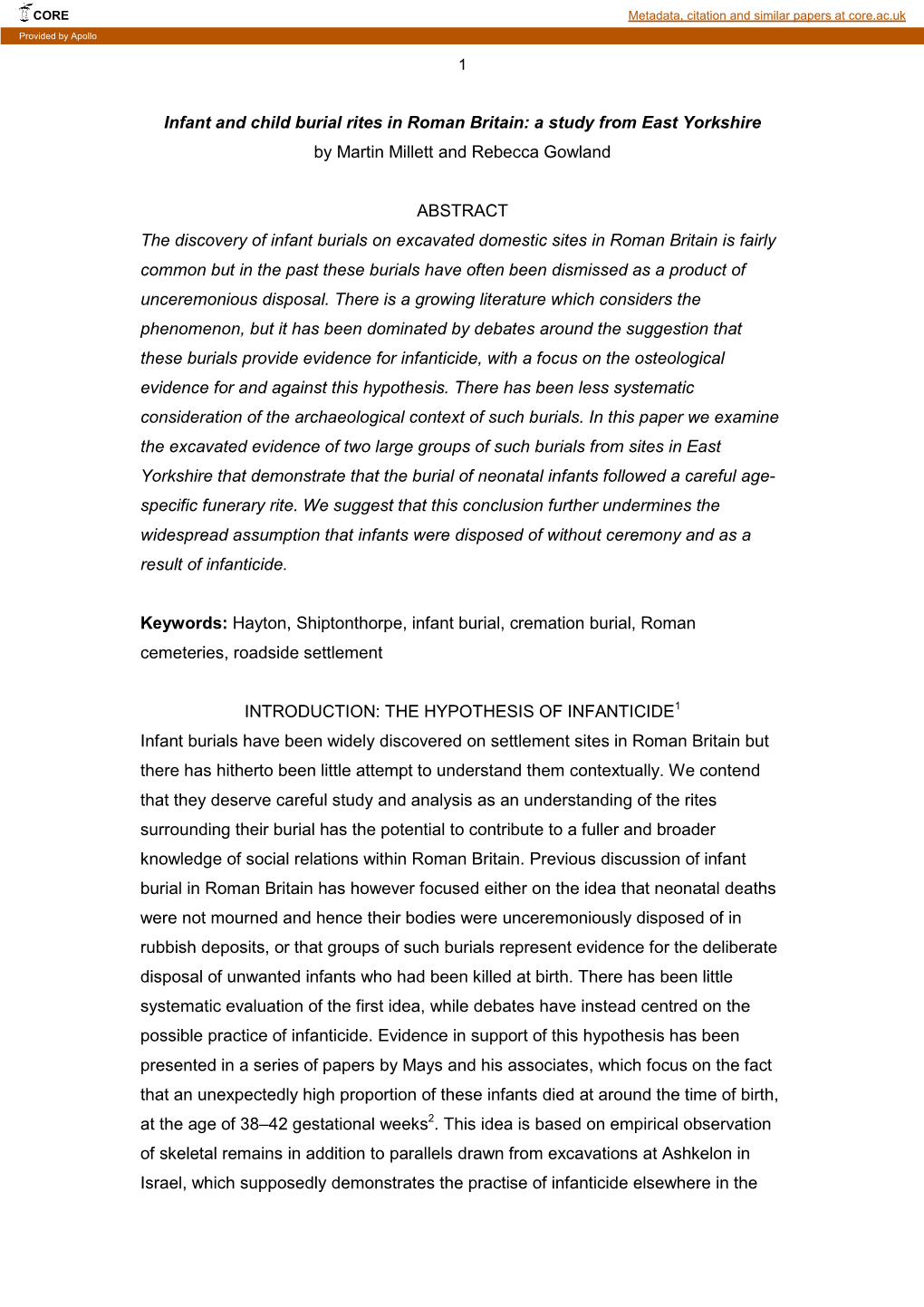 Infant and Child Burial Rites in Roman Britain: a Study from East Yorkshire by Martin Millett and Rebecca Gowland