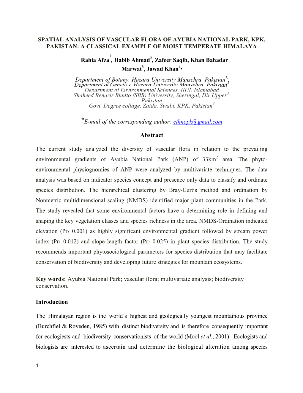 Spatial Analysis of Vascular Flora of Ayubia National Park, Kpk, Pakistan: a Classical Example of Moist Temperate Himalaya