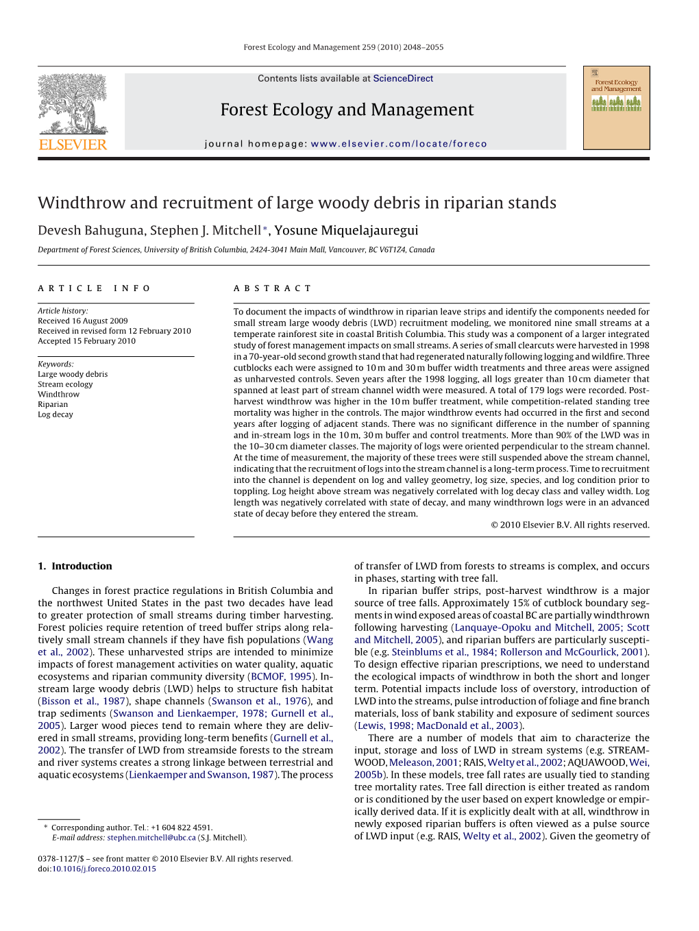 Windthrow and Recruitment of Large Woody Debris in Riparian Stands