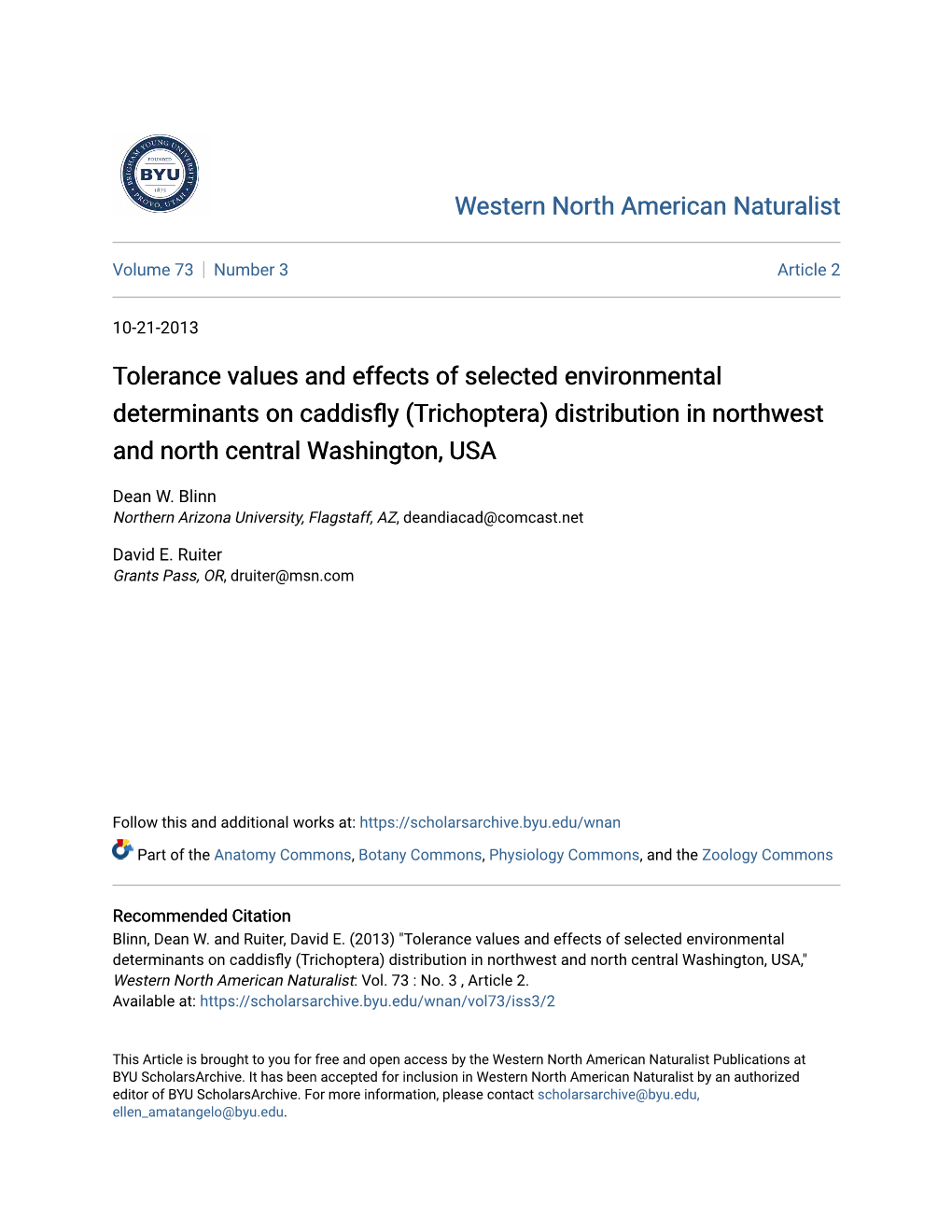 Trichoptera) Distribution in Northwest and North Central Washington, USA