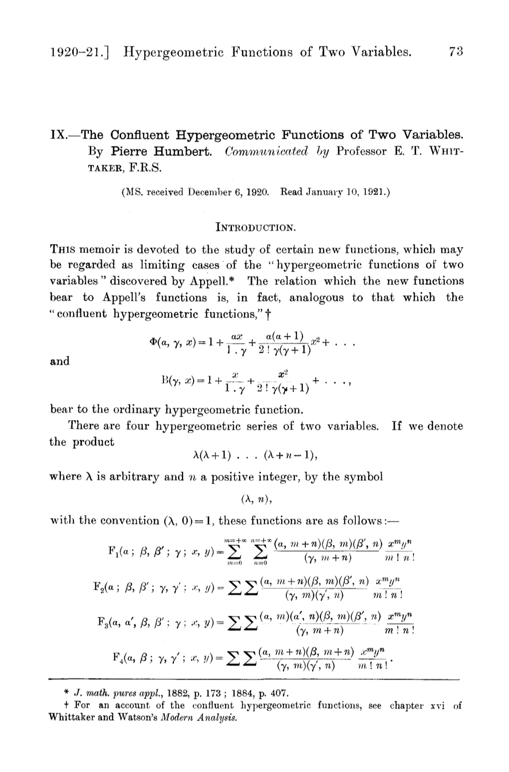 1920-21.] Hypergeometric Functions of Two Variables. 73