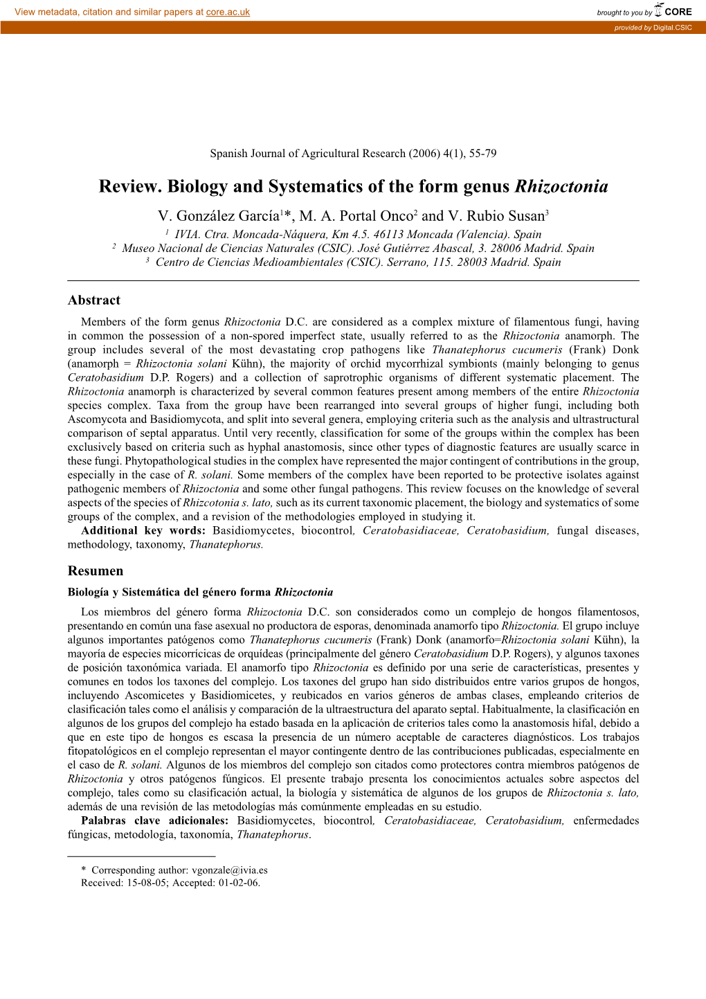 Review. Biology and Systematics of the Form Genus Rhizoctonia V